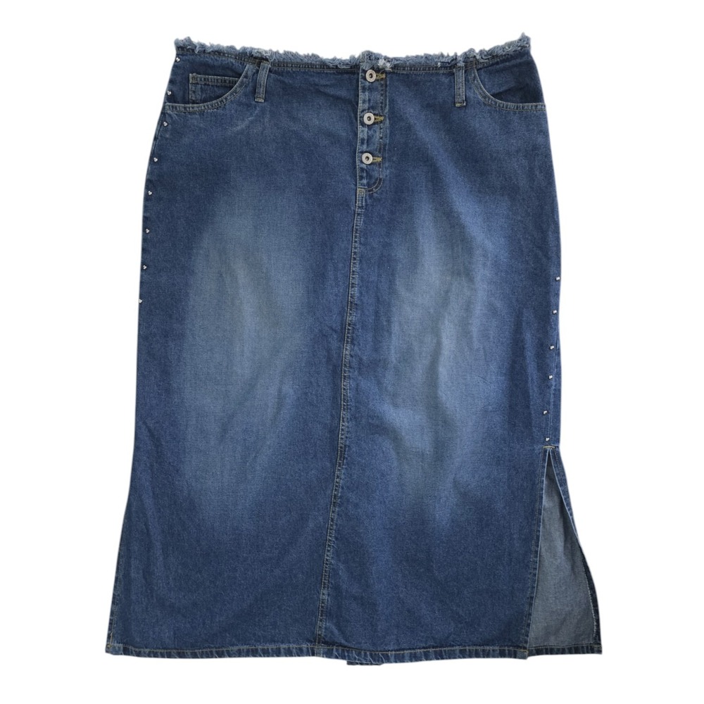 Y2K Details Studded Blue Denim Midi Skirt Plus Size 40 Waist 20W Side Slits